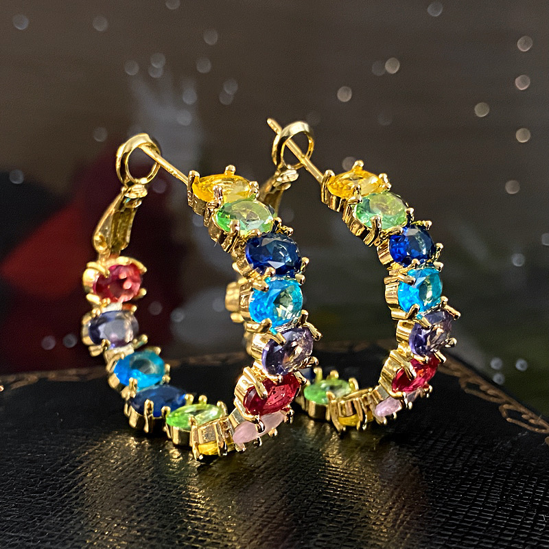 铜合金锆石耳饰 【染指流年】法式小众气质重工彩色镶嵌圈圈-586