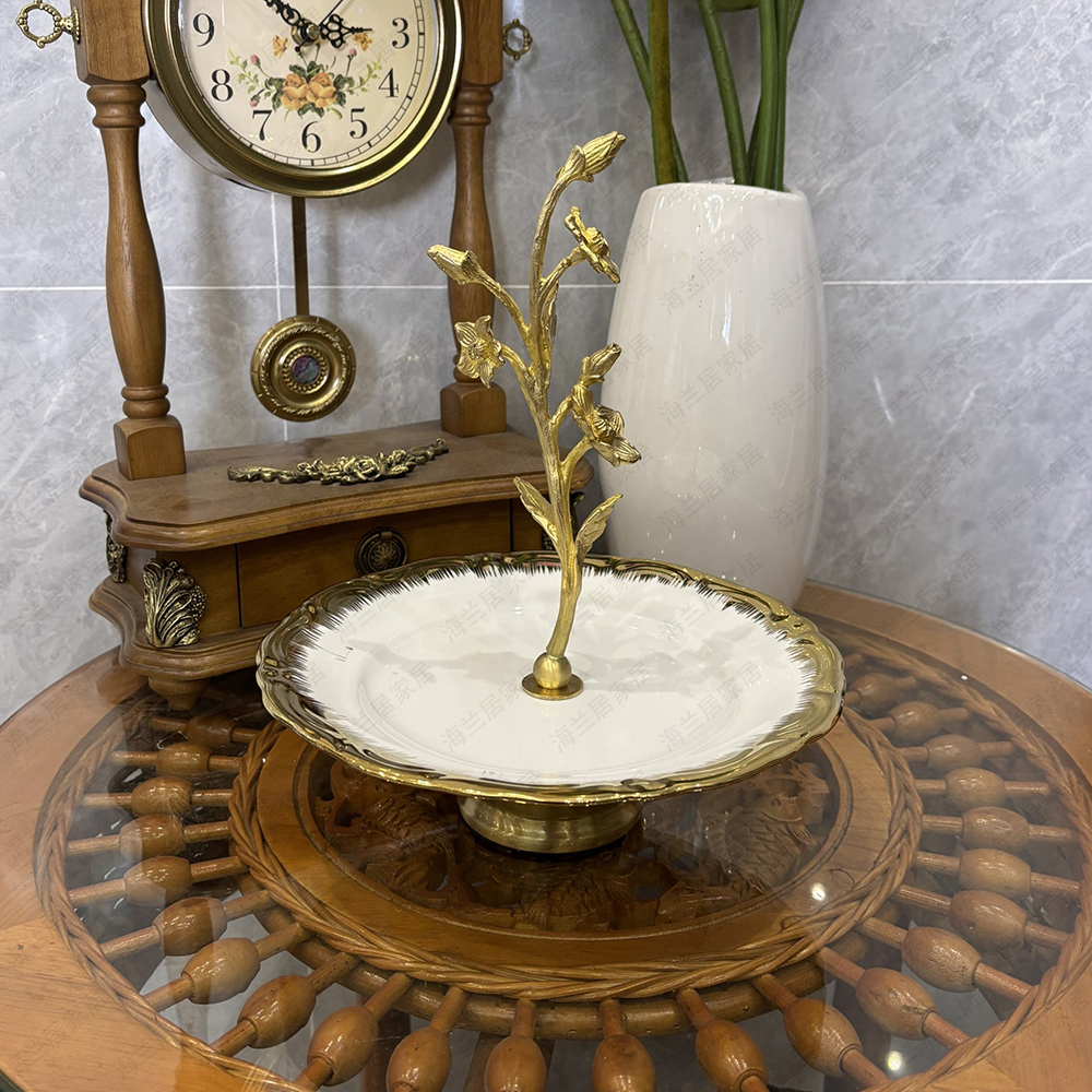 全铜陶瓷镀金边铜配瓷提篮水果盘