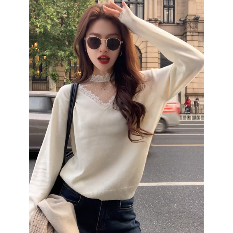 高级感蕾丝内搭针织打底衫女秋季设计感修身显瘦长袖独特绝美上衣
