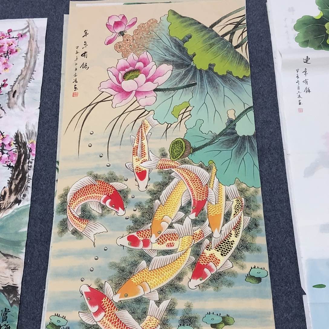 国画四尺九鱼一副