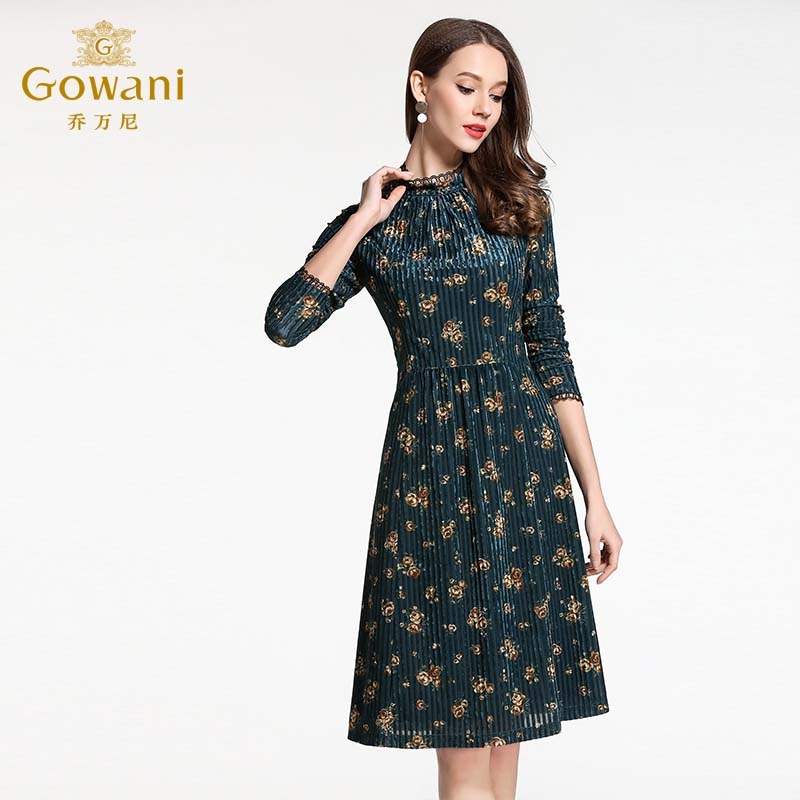 乔万尼长袖连衣裙商场秋装新款女修身显瘦丝绒印花a字裙EB1E705