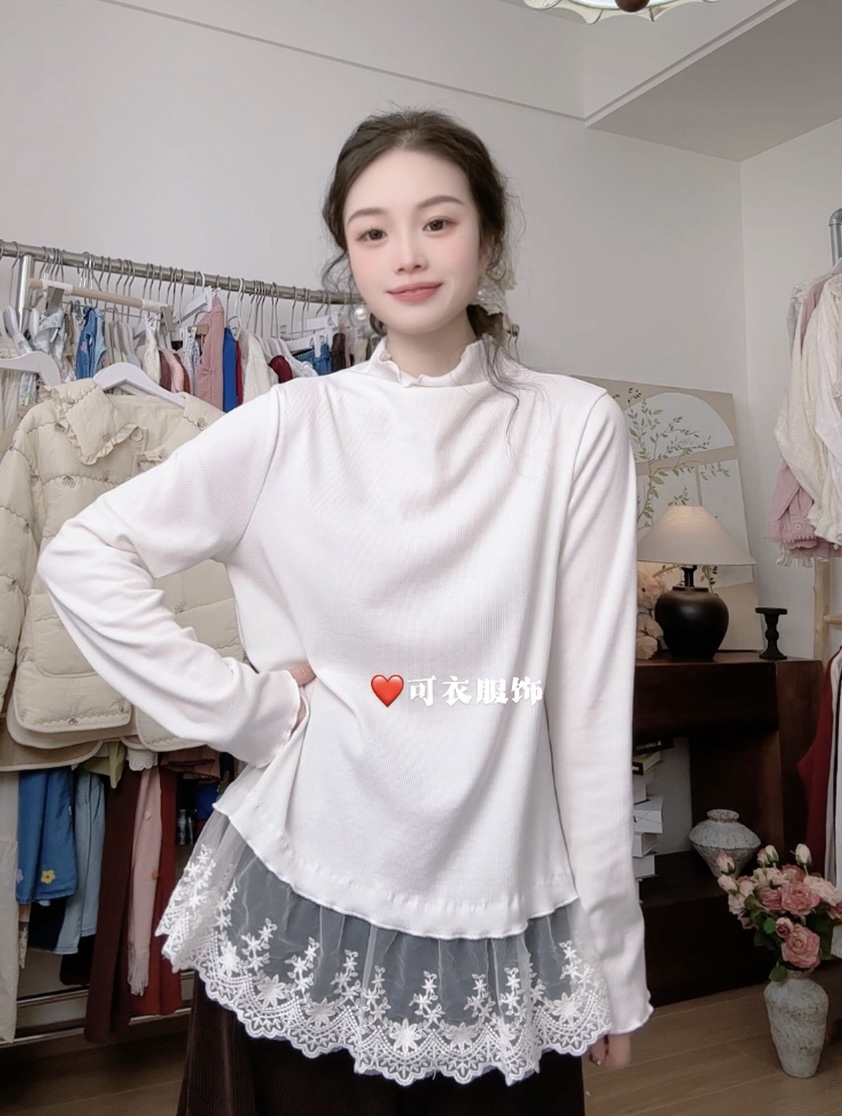 【坑条蕾丝打底】25木耳领套头秋冬长袖宽松百搭棉T恤打底柔软
