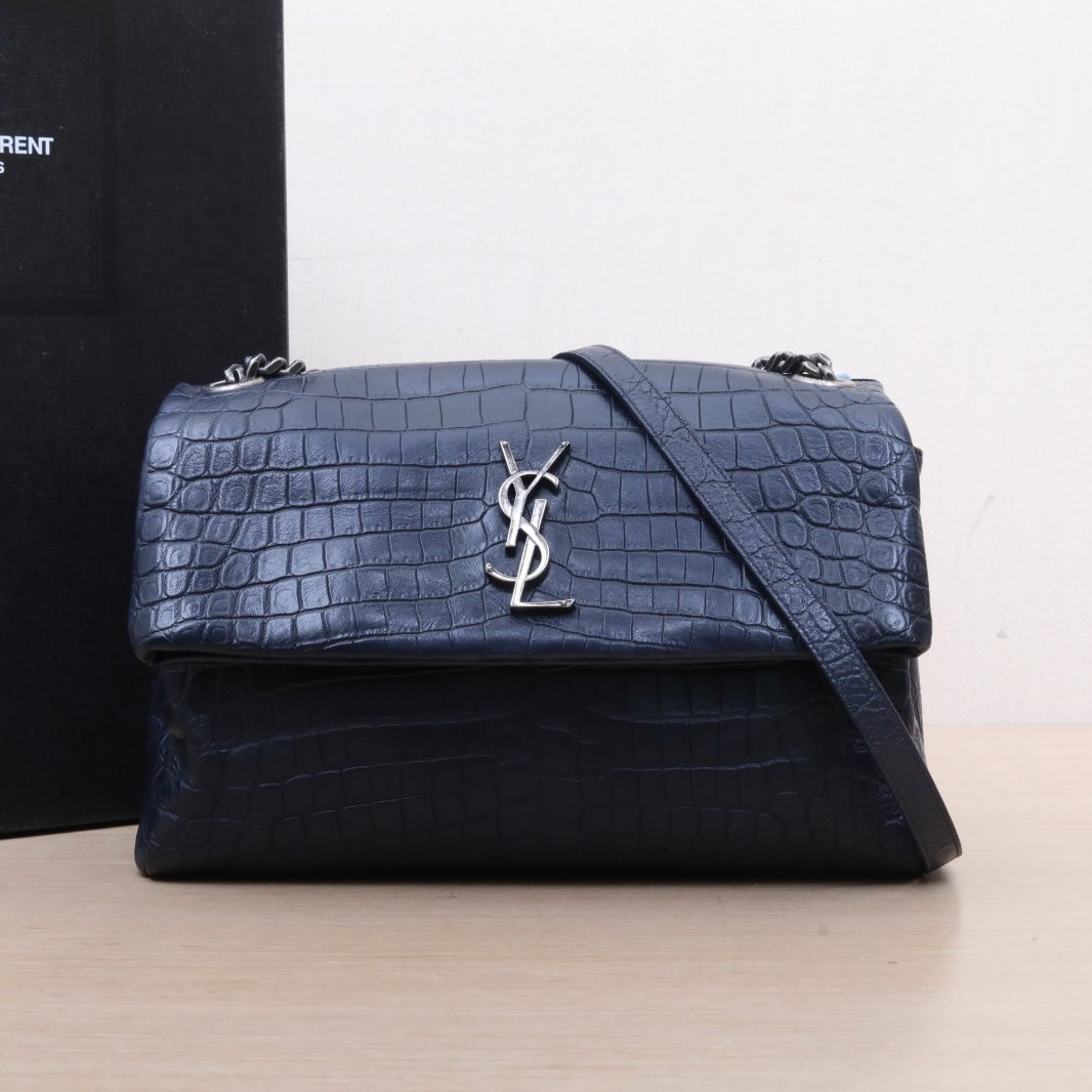 95新 YSL/圣罗兰 【Zanna】Hollywood 邮差包 鳄压 蓝黑 包