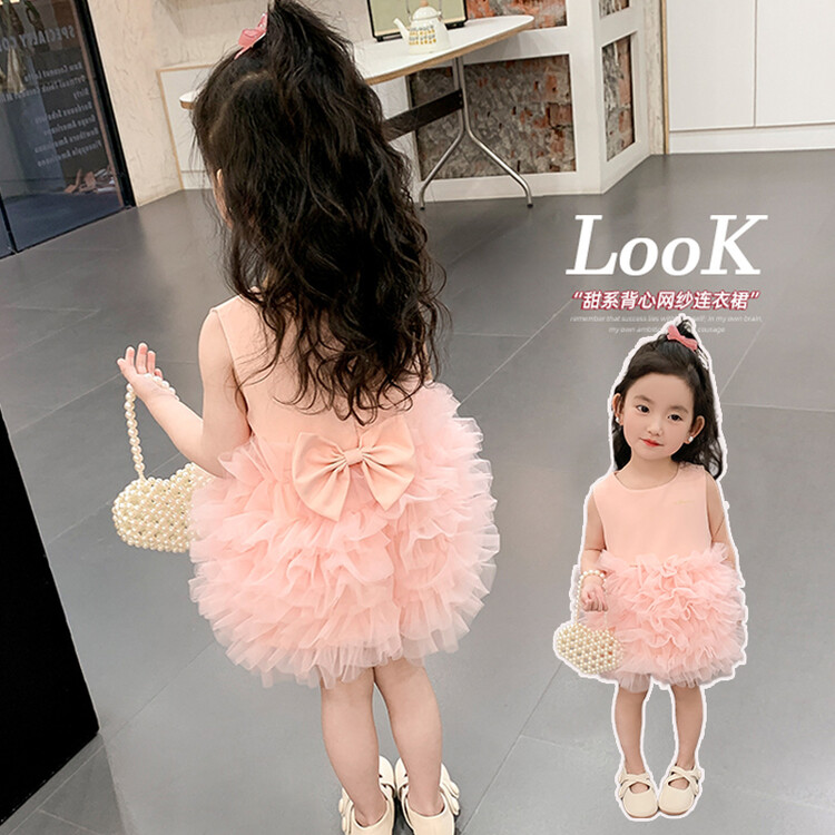 连衣裙公主四季通用纱网纯色女童中小童儿童洋气宝宝夏季小女孩