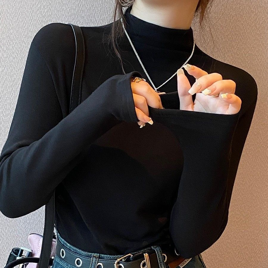 秋冬新款半高领加绒磨毛打底衫女修身百搭内搭洋气上衣