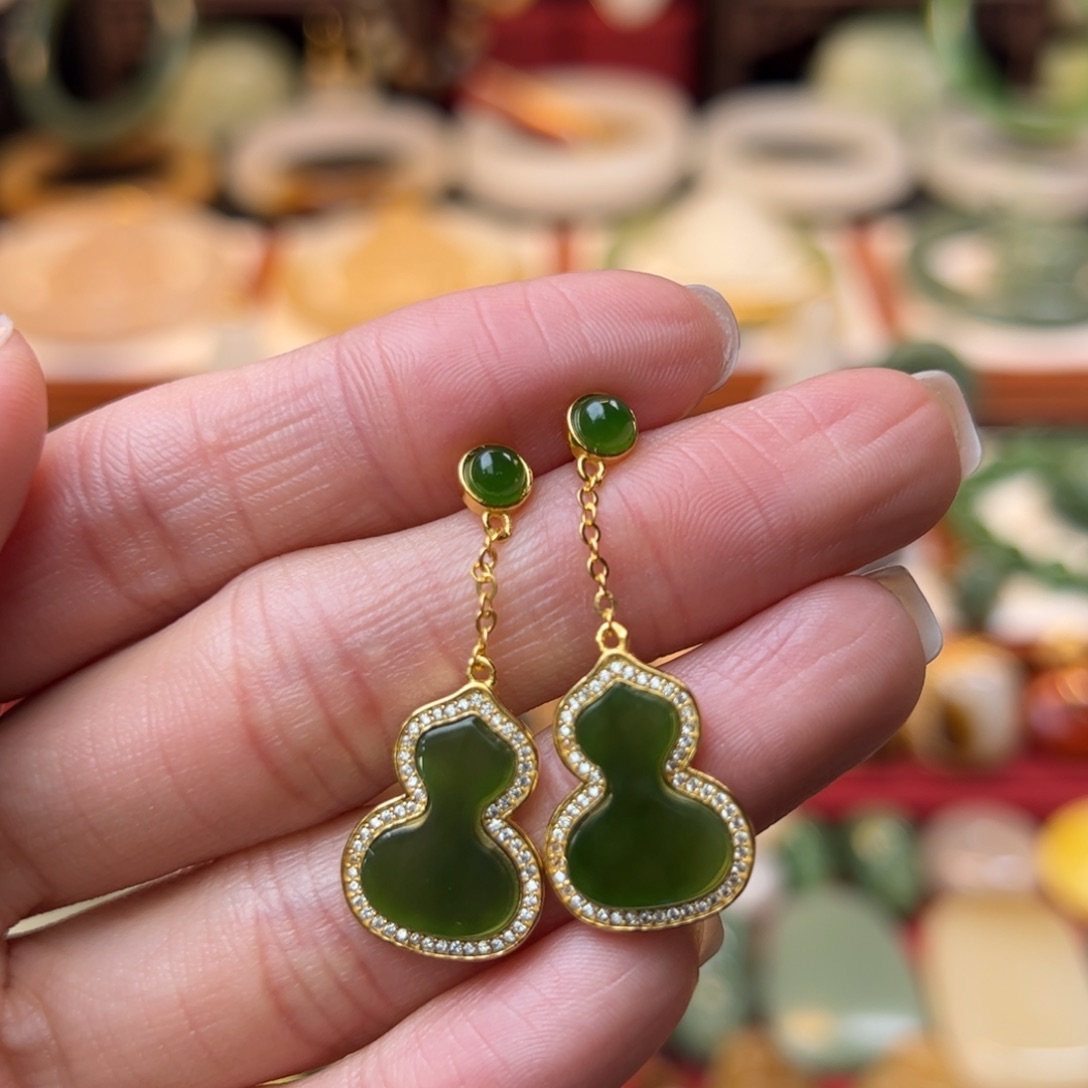 和田玉耳饰银S925镶嵌