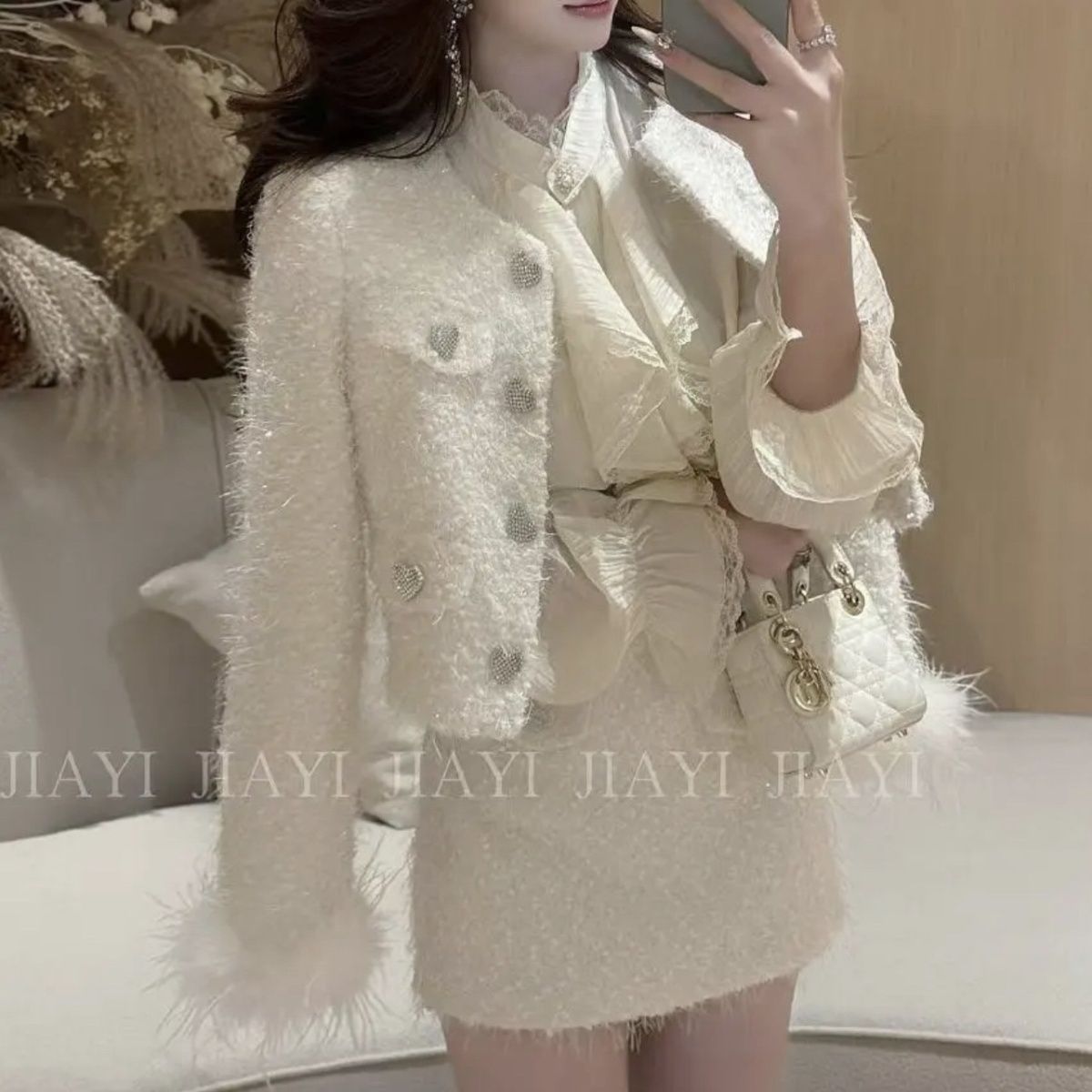 【WEIYI】人间苏妲己 名媛风爱心钻扣洋气显瘦小香两件套