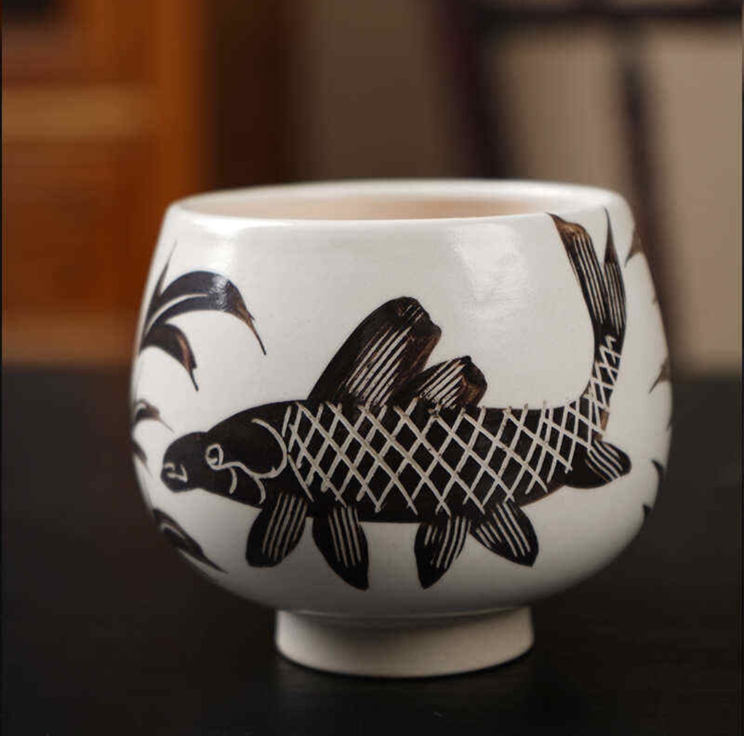 磁州窑鱼纹钵茶具主人杯手工制作陶瓷杯