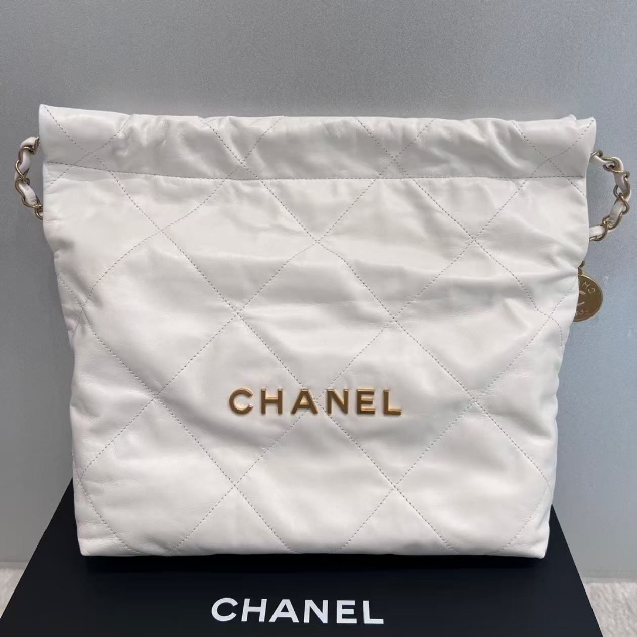 99新 Chanel/香奈儿 蔚蓝/白金油蜡牛中号 22bag