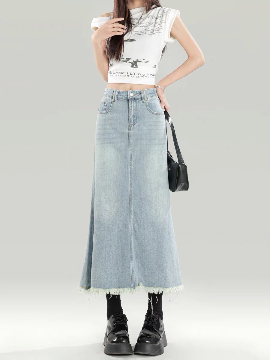 B2826牛仔半裙浅色a字裙包臀中长款女半身裙蓝色高腰毛边裙子