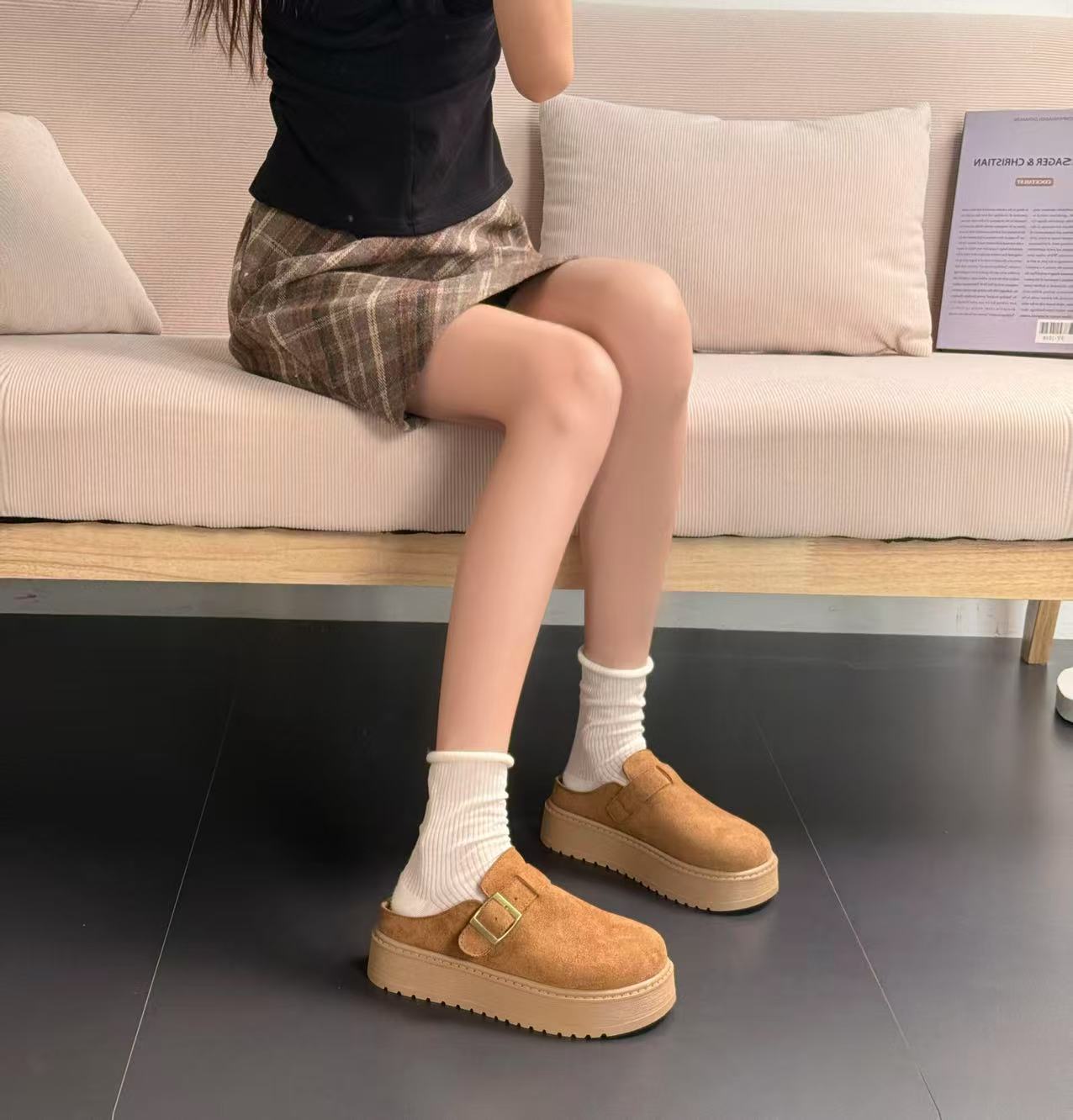 Tagabe复古厚底勃肯包头半拖鞋女2025秋季新款外穿懒人一脚蹬