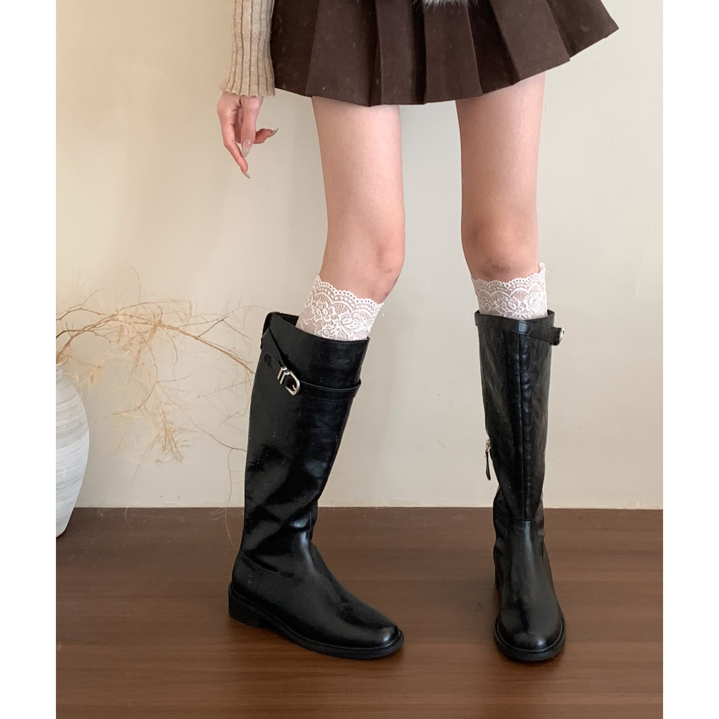 4CM增高！复古英伦皮带扣骑士靴女冬厚底粗跟长筒靴不过膝机车靴