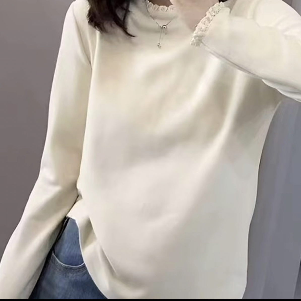 2025冬季新款韩版微宽松花边百搭时尚显瘦双面加绒打底衫内搭保暖