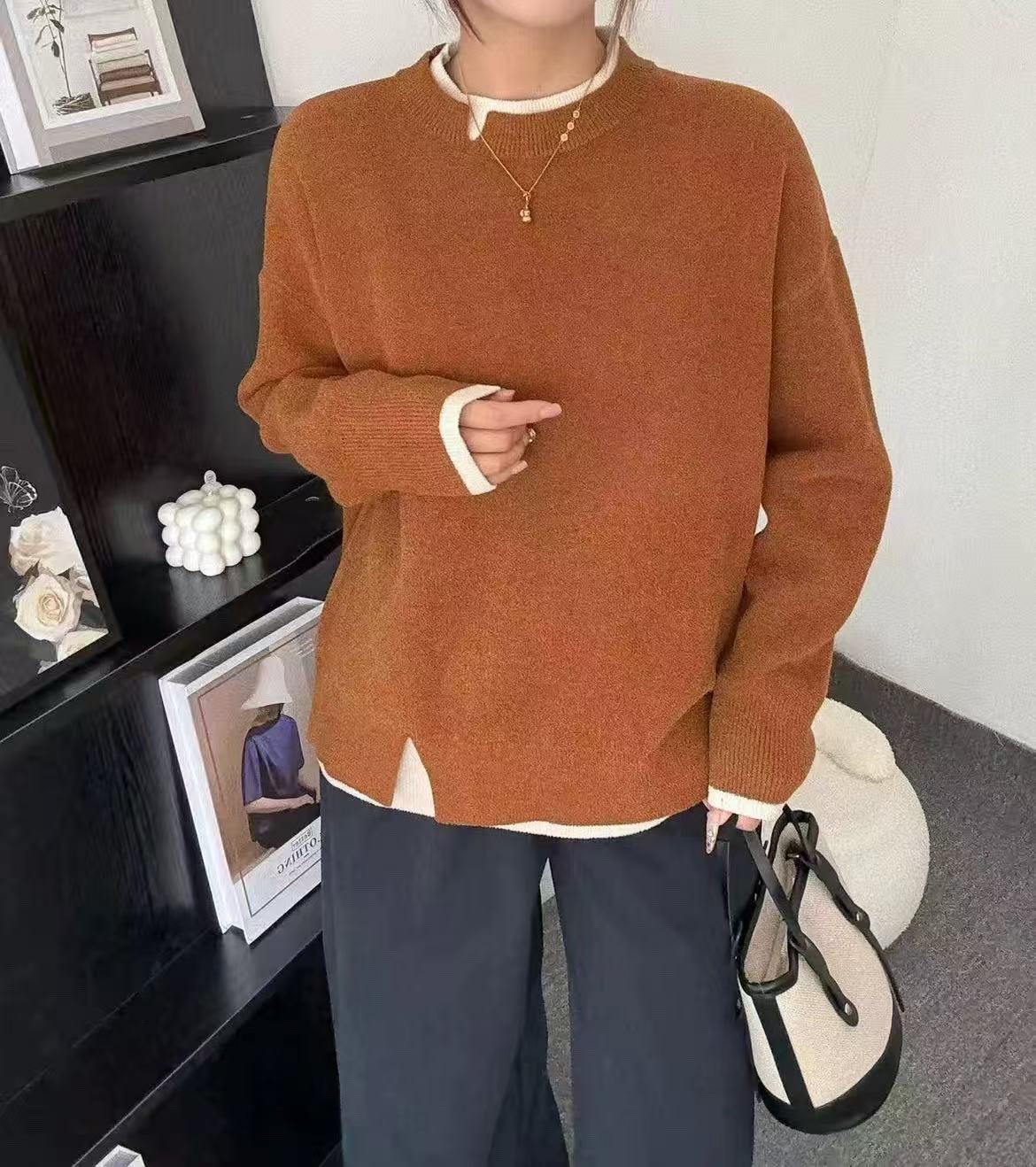 【0235】圆领常规针织拼色女常规款衫秋冬长袖毛衣