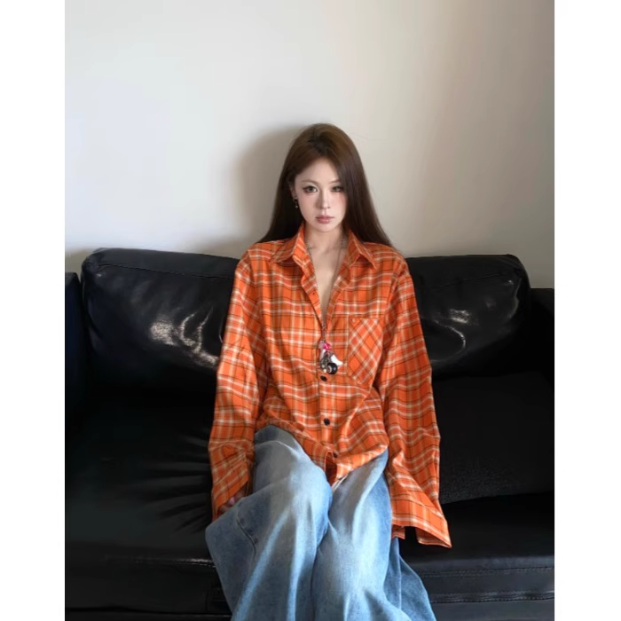 薄款春夏复古橙色格纹长袖衬衫女宽松中长款休闲防晒衬衣上衣外套
