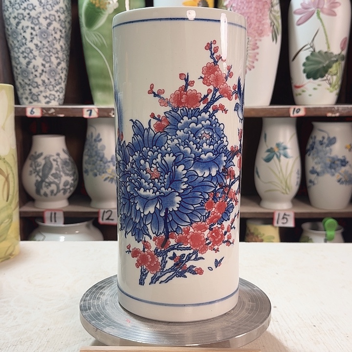 陶直筒高33青花红牡丹陶瓷