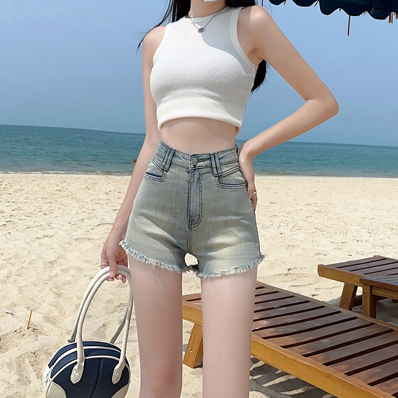 辣妹牛仔短裤女2025夏季新款高腰显瘦紧身弹力毛边热裤