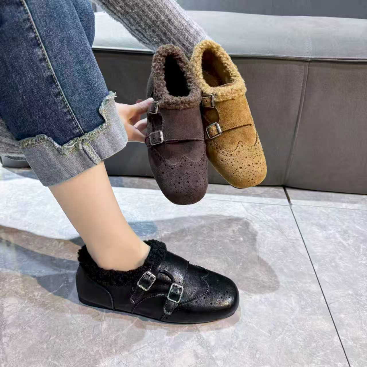 ChaoAi 【双扣加绒小牛皮布洛克】复古英伦风乐福鞋88872