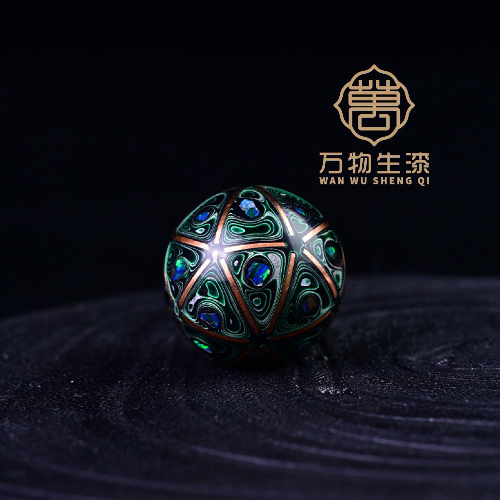 万物生漆大漆非遗文化传承规格20mm单珠铜丝五边形图纹纯手工制作