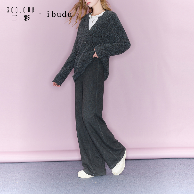 三彩ibudu2025冬季新款休闲裤松紧腰宽松阔腿裤长裤女