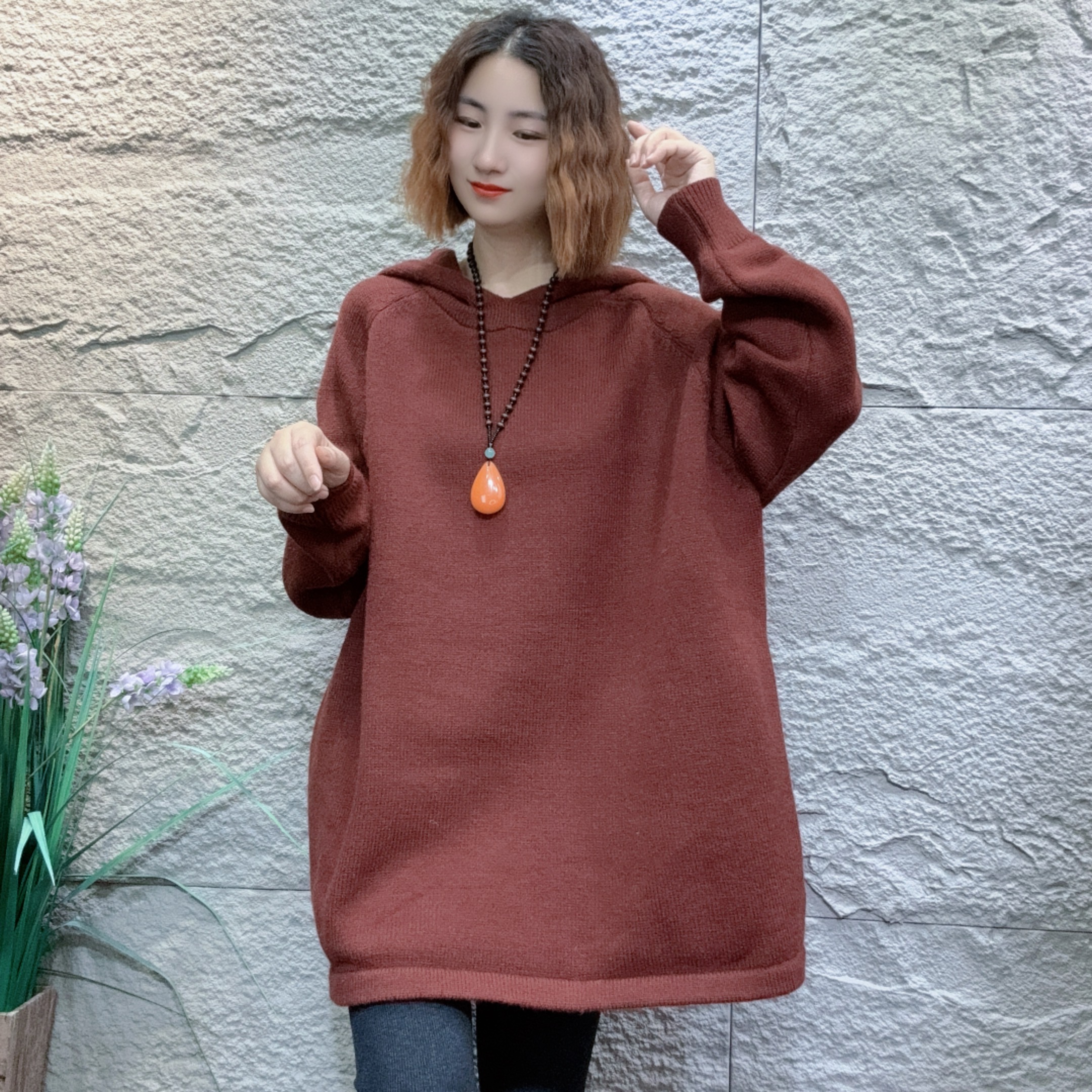 YXR6339秋冬新款欧货连帽针织衫时尚显瘦气质韩版慵懒风百搭毛衣