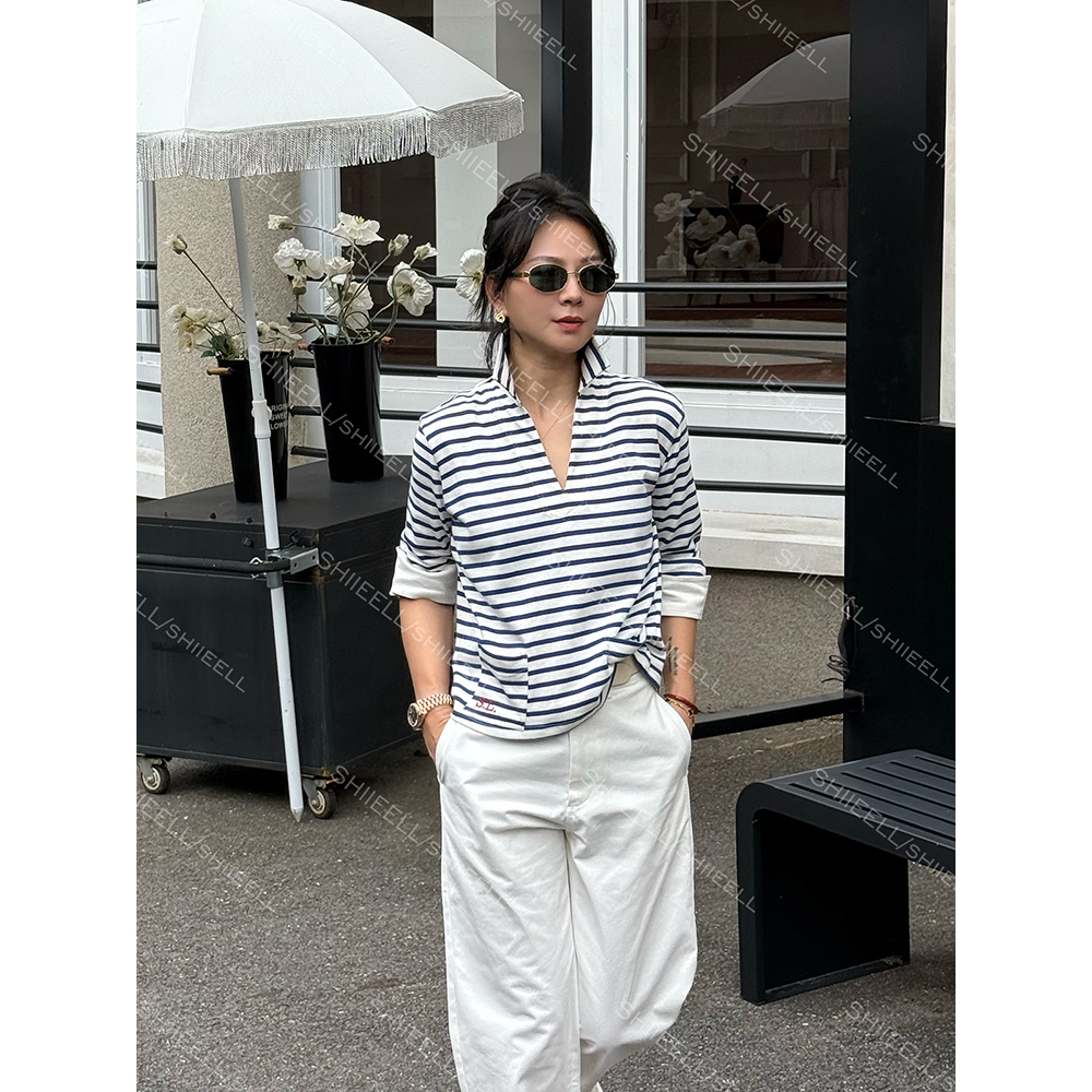SHIIEELL【海军条纹】海魂风棉感微绒手感蓝白条纹V领翻领T恤Z1156