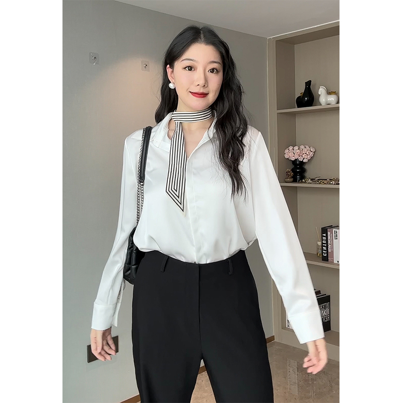 缎面纯色衬衫女高级光泽感简约气质职场通勤百搭正肩显瘦长袖衬衣