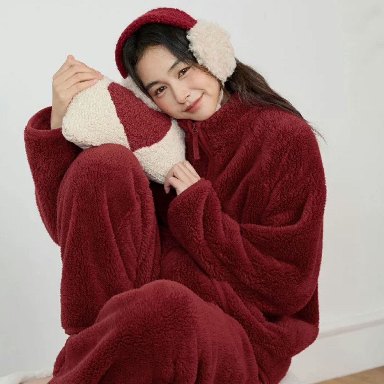 日本GP女士睡衣立领拉链套装冬季新款加绒加厚珊瑚绒保暖家居服女