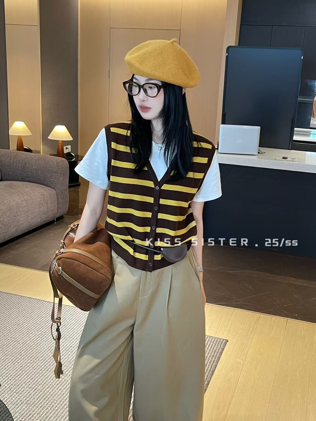 【明媚入秋】显瘦时尚简约假两件针织条纹百搭短袖T恤带包包设计感