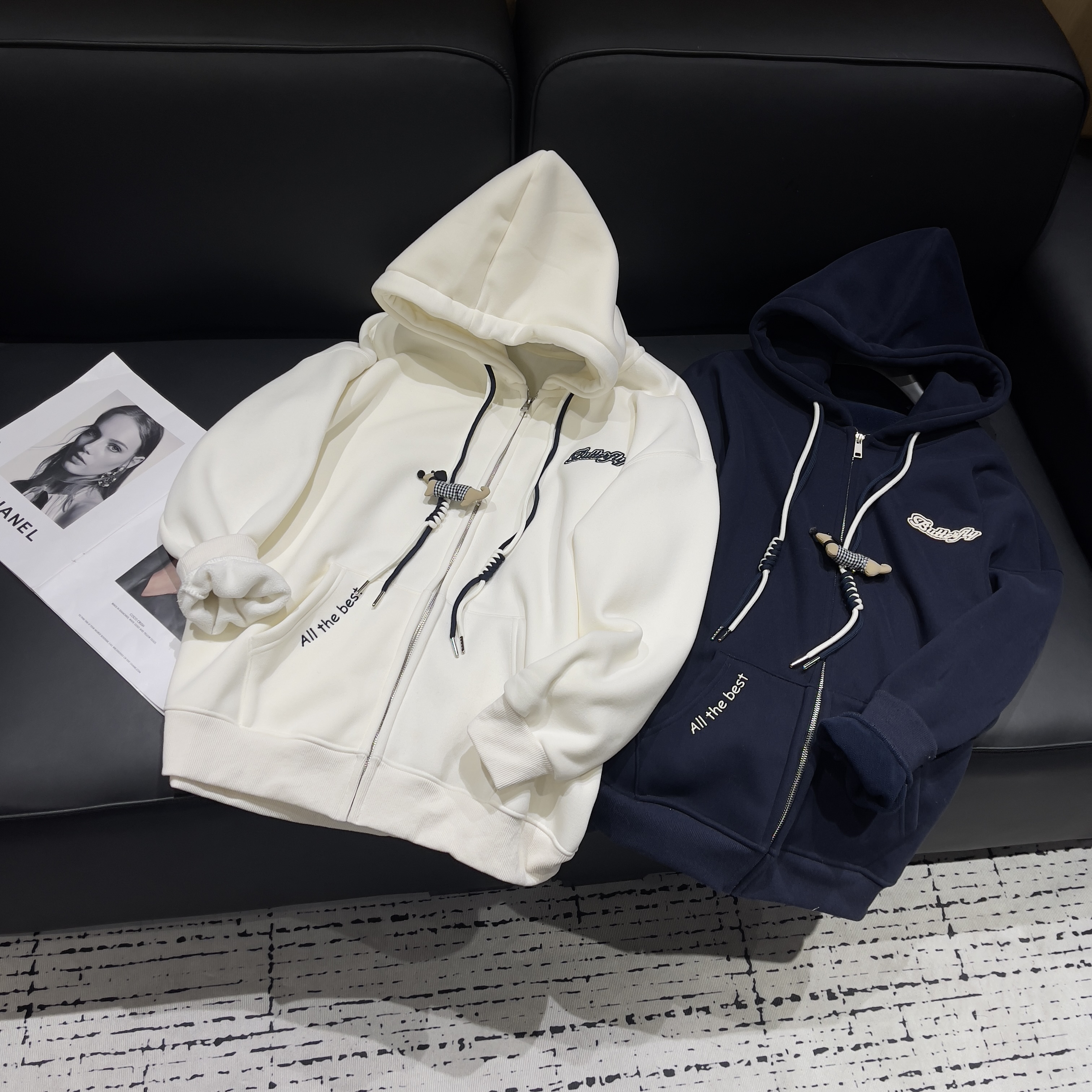 KW【蓝白调】南洋新款韩版简约休闲宽松百搭连帽卫衣外套女