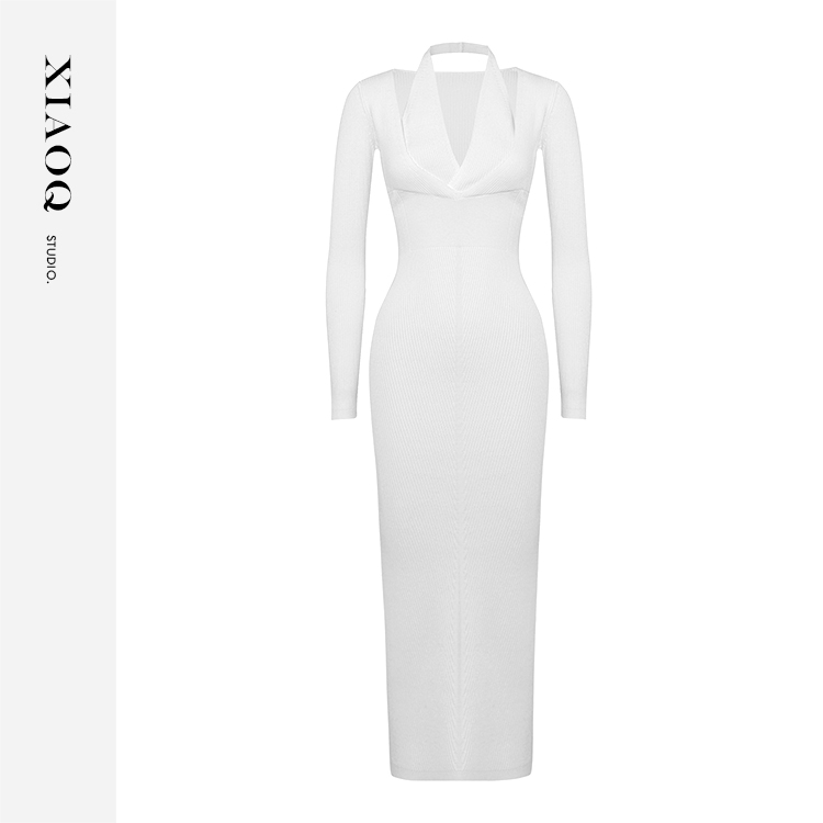 XIAOQ「春秋絮语」纯欲风深V领后开叉修身针织长裙女显瘦气质45988T