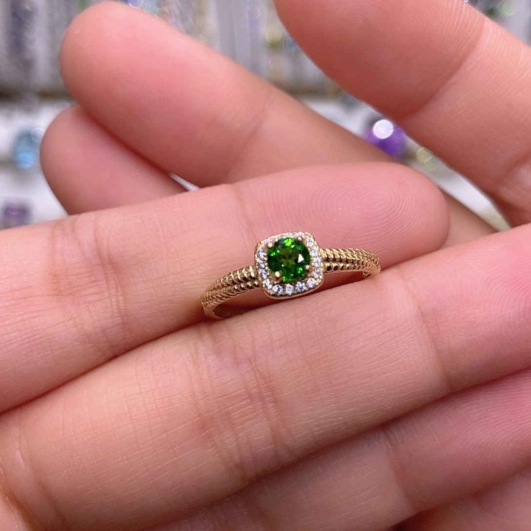 透辉石银S925镶嵌开口戒指