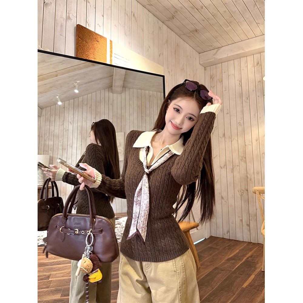【送丝巾】落肩袖针织长袖常规毛针织衫法式翻领女装撞色小众针织衫
