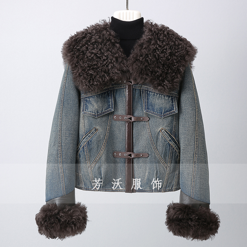 真毛拖卡羊皮毛一体海军大翻领短款牛仔鹅绒服时尚洋气休闲女装
