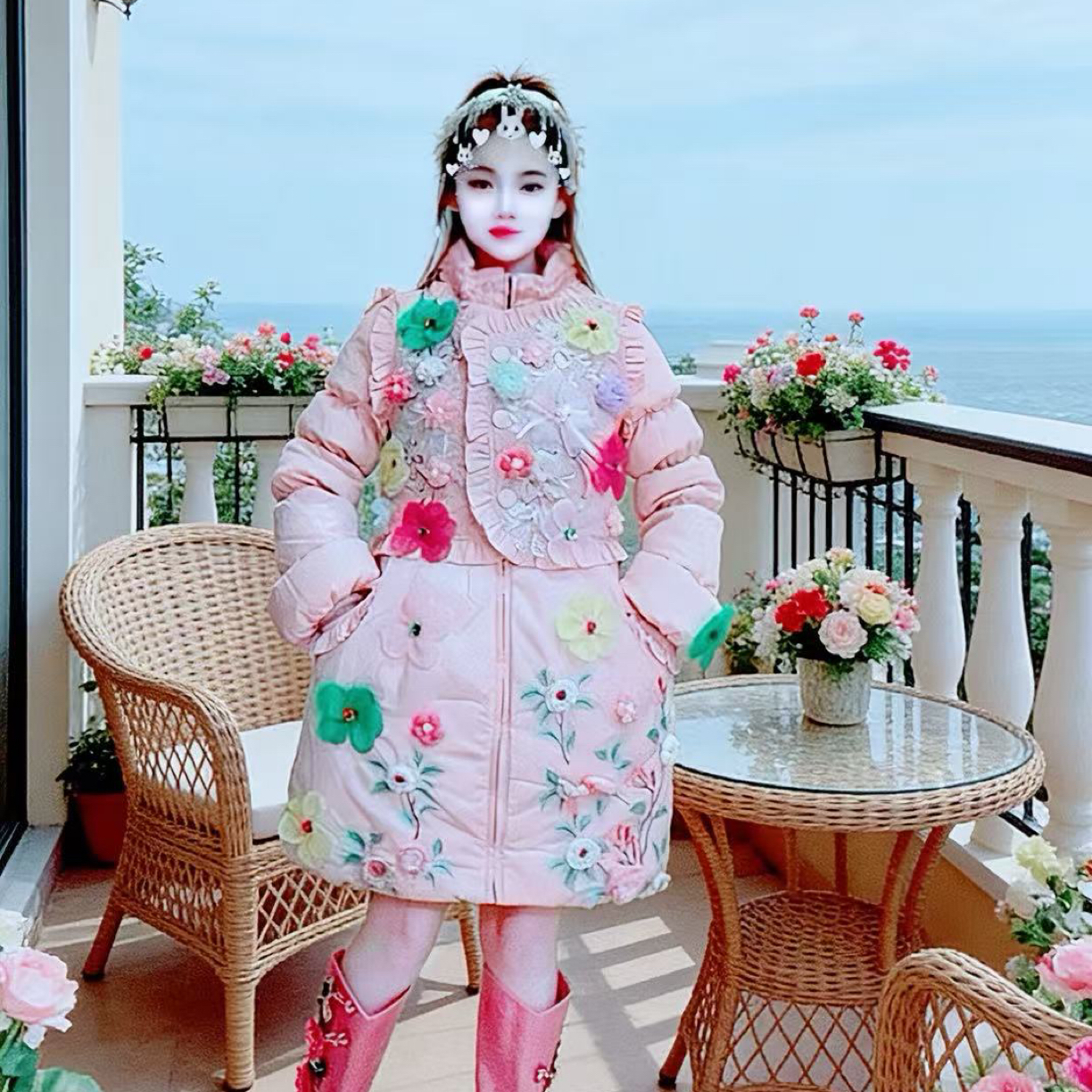 【面条家】5737#设计师新款繁花似锦显瘦版粉嫩嫩雨绒外套