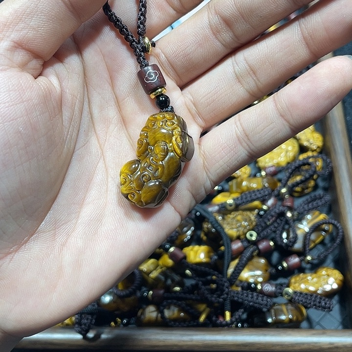 均***多黑曜岩合金颈饰虎眼石包挂