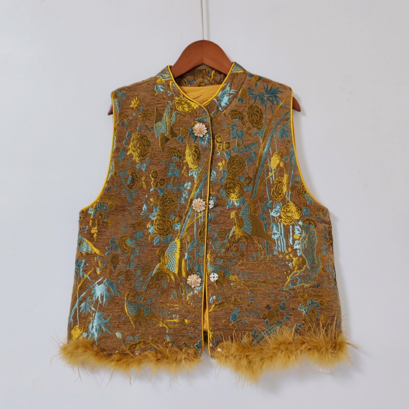 夹棉国风马甲女款毛毛上衣2025新中式绒面提花坎肩背心