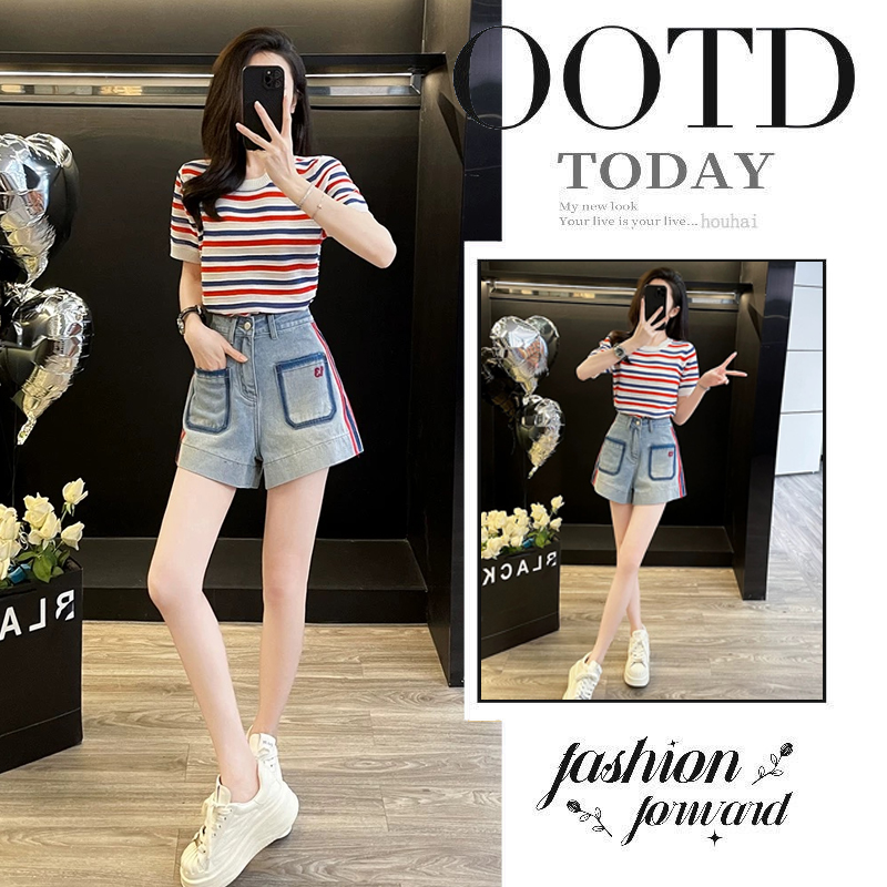 夏季穿搭一整套女新款高级感条纹撞色短袖T恤显瘦牛仔短裤两件套