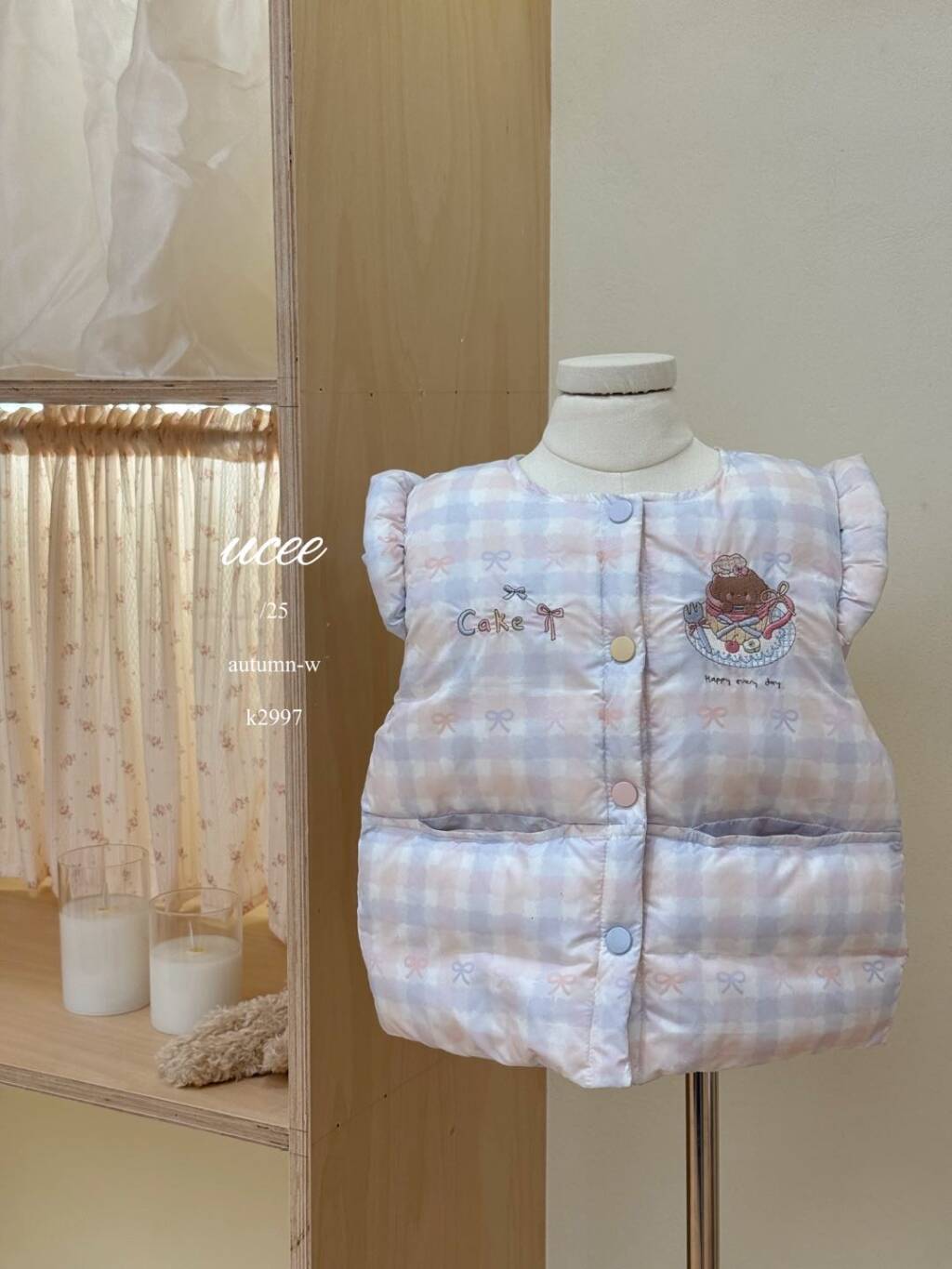 釉兮 2025秋冬女童棉服马甲刺绣彩色格子韩版舒适百搭A类