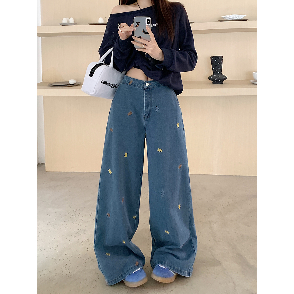 BUMENYLEE大码女装美式复古重工刺绣牛仔裤设计感高腰宽松阔腿裤