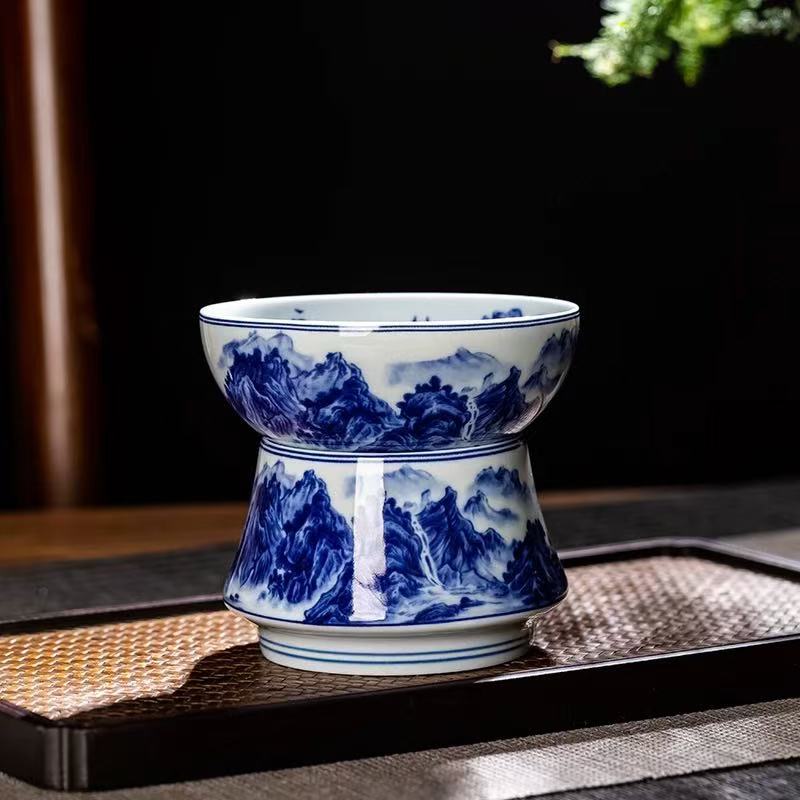 青花千里江山茶漏茶漏器茶滤器滤网茶隔过滤滤茶器