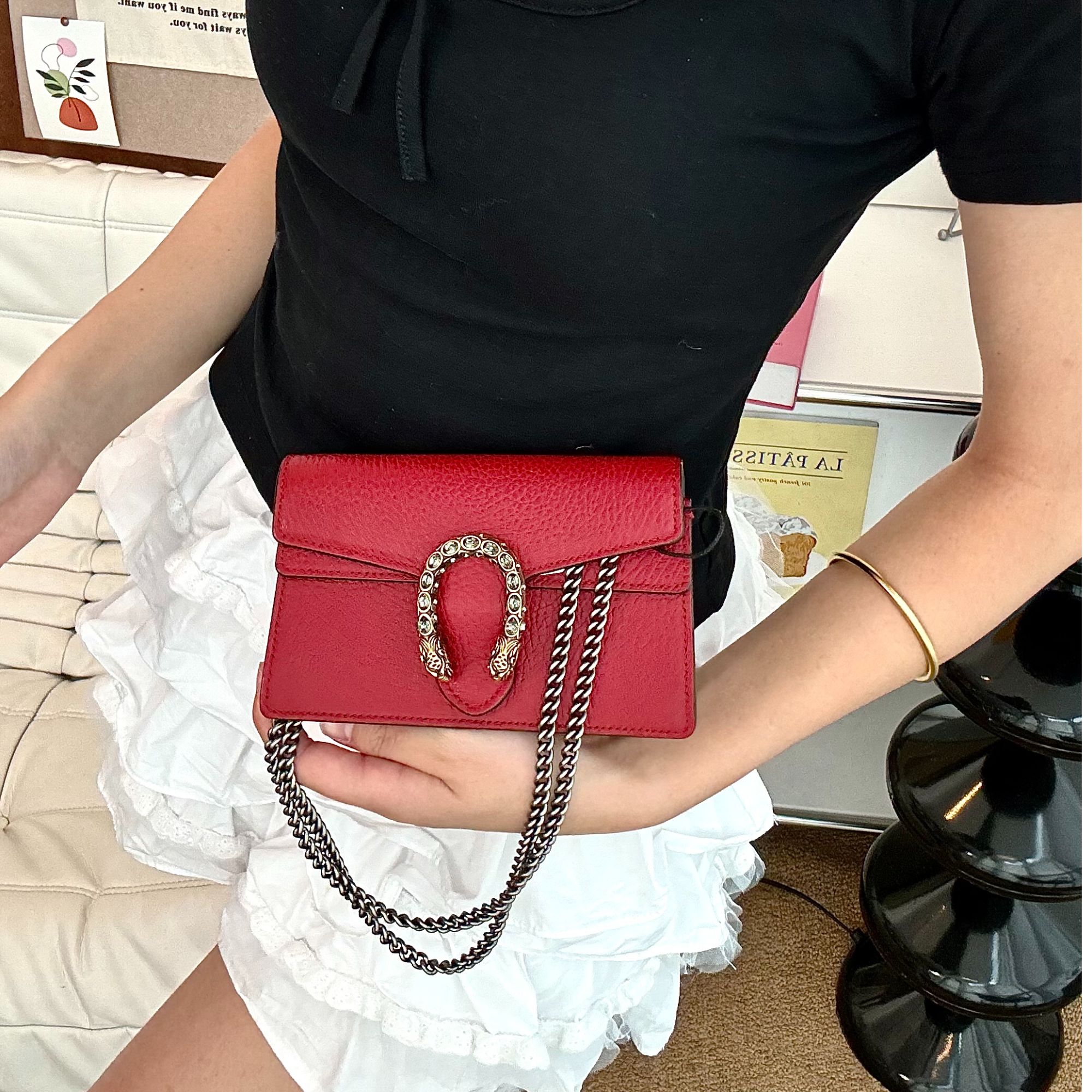 95新 GUCCI/古驰 红色酒神mini链条腋下包