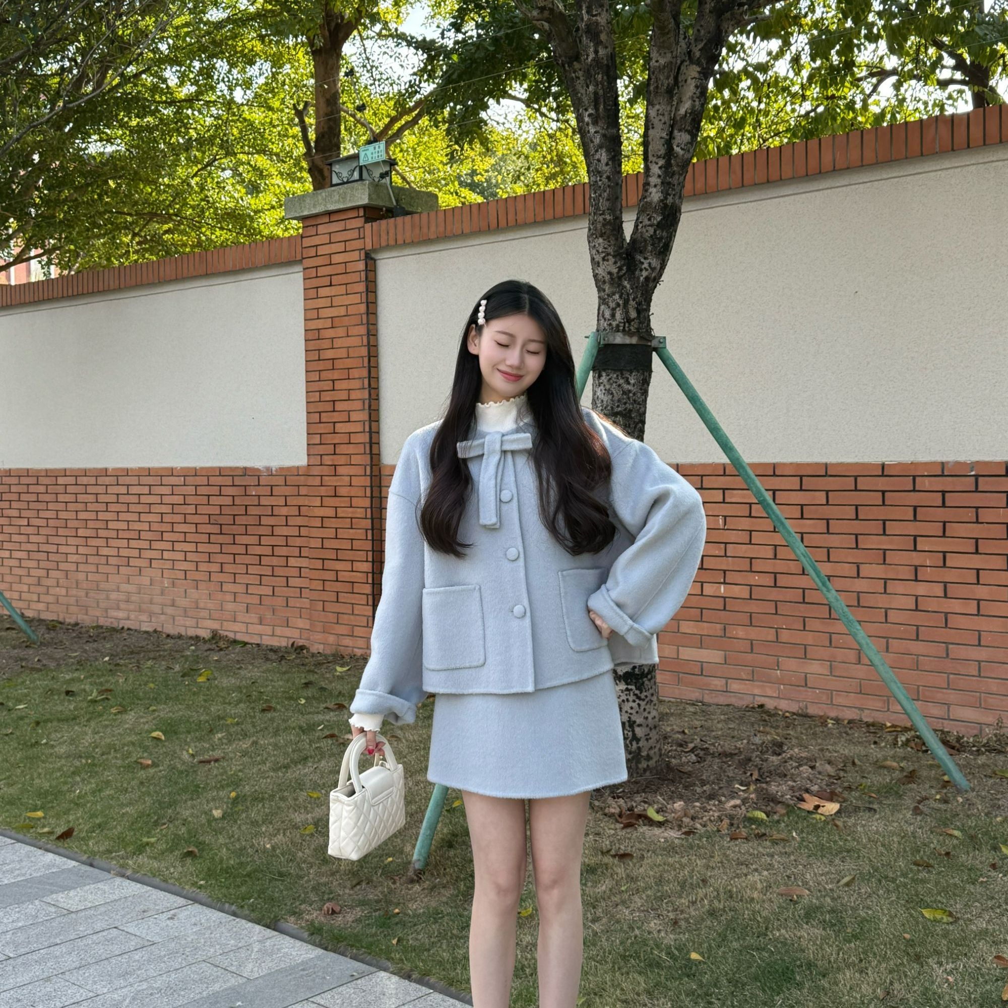 韩系时尚气质双口袋短外套+同色系半身裙套装2025冬新款