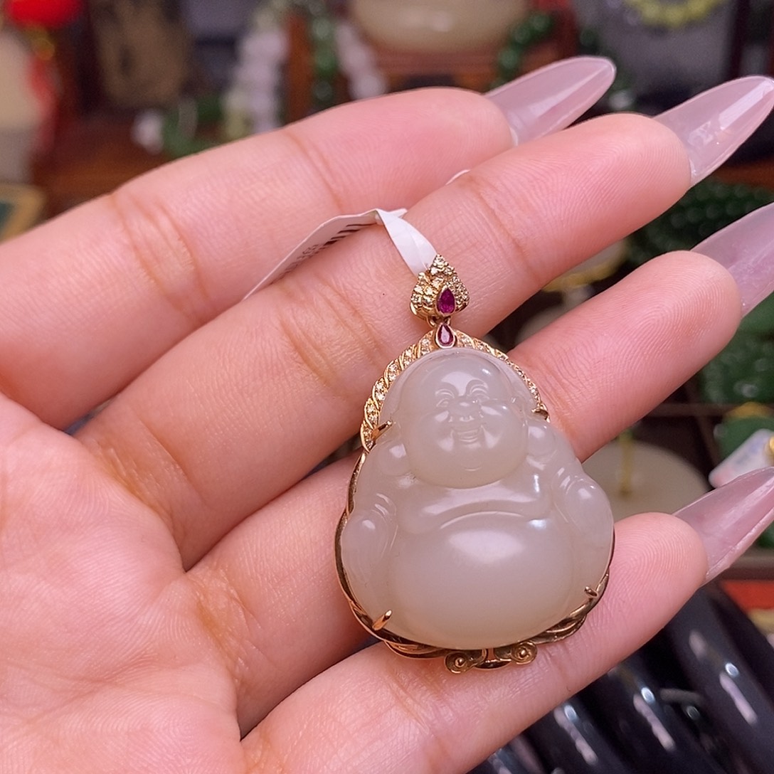 和田玉藕粉老料金镶佛公吊坠未镶嵌