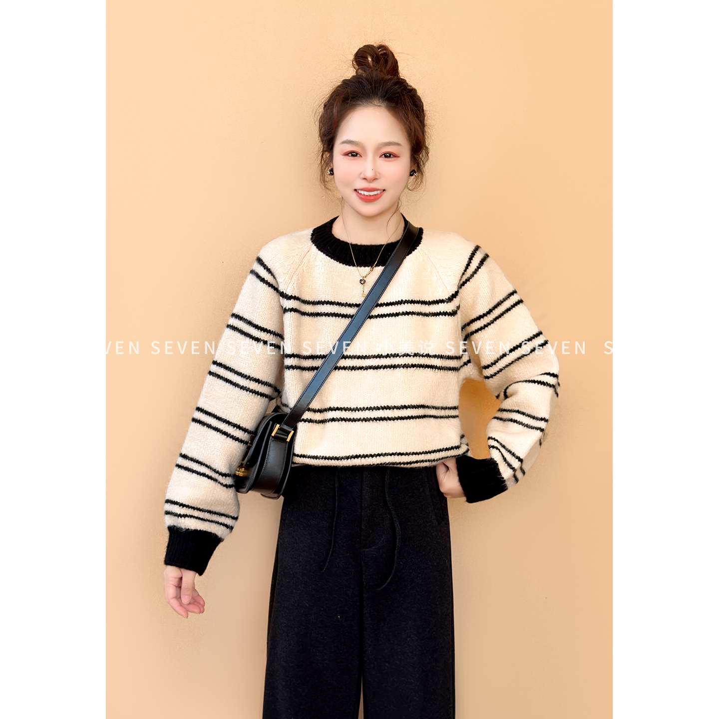 ⑦七七146小个子冬季保暖加厚套头圆领条纹针织毛衣女新款小美说