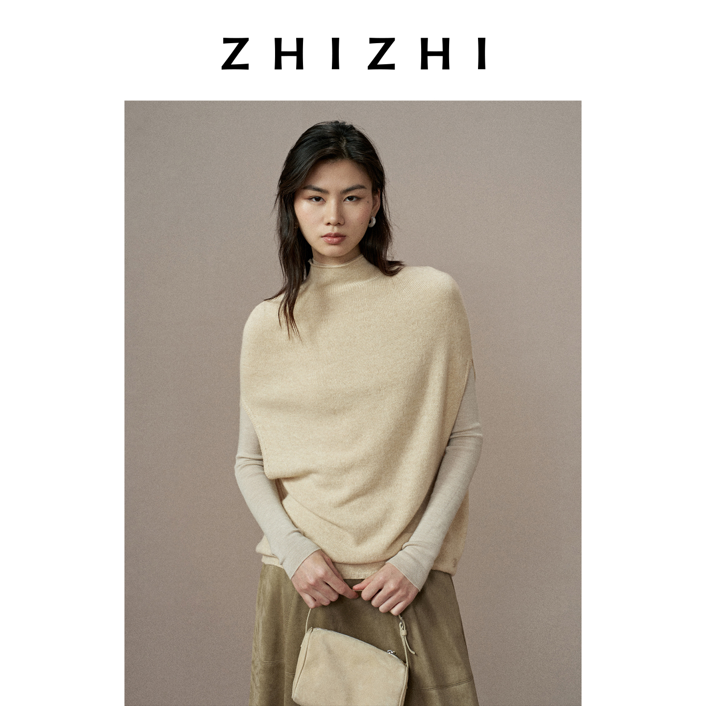 致知 一风月 时髦半高领牦牛绒针织马甲斗篷上衣25冬ZZ2EWKZN164