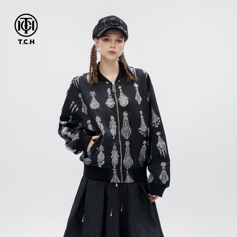 TCH 潮牌耳钉烫钻时尚百搭飞行员夹克外套男女同款T72C166005