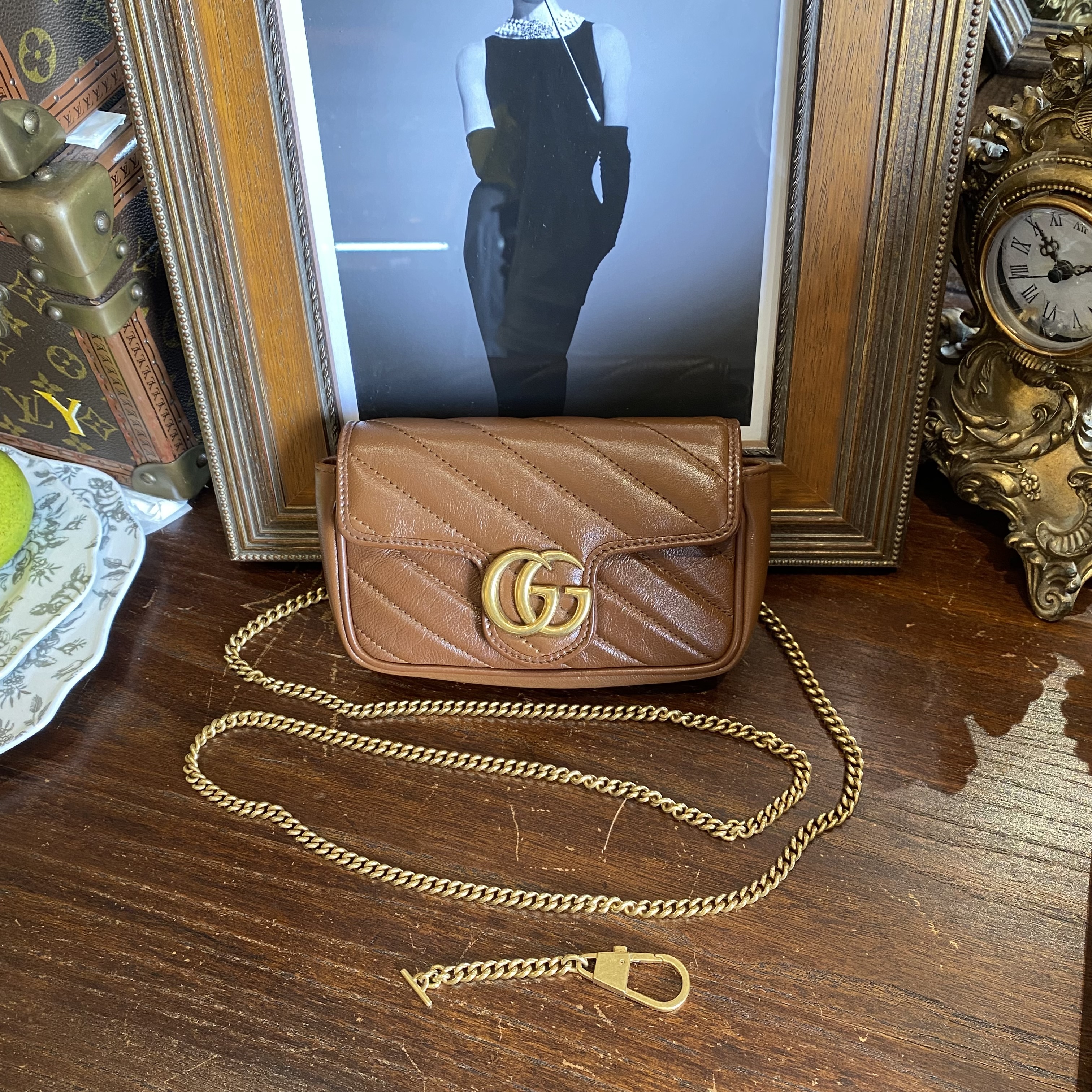 95新 GUCCI/古驰 Gucci 焦糖色金扣 马蒙mini包/SP24320