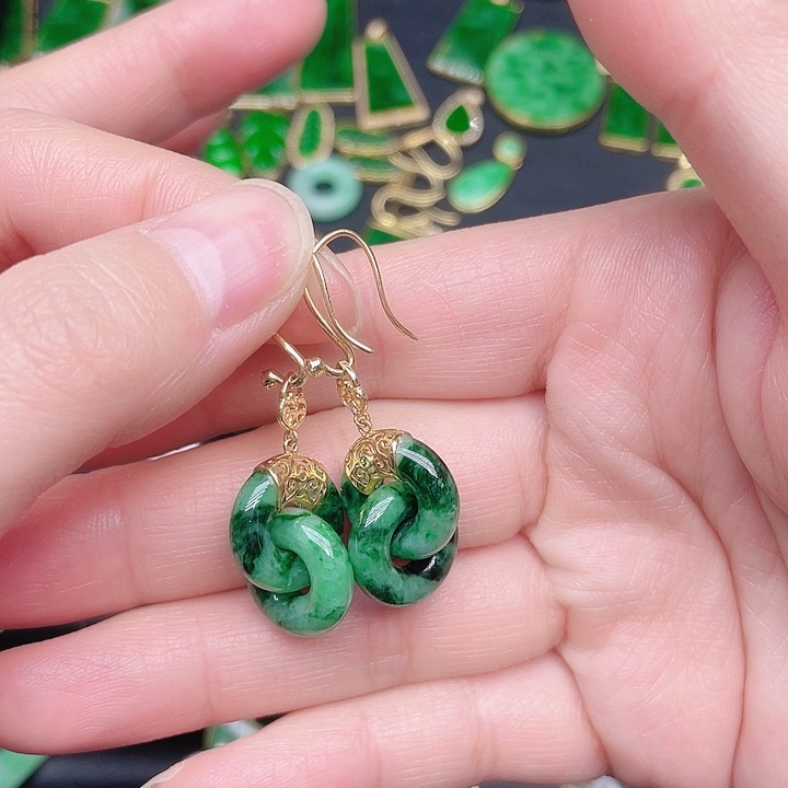 翡翠耳饰18K金镶嵌天然翡翠