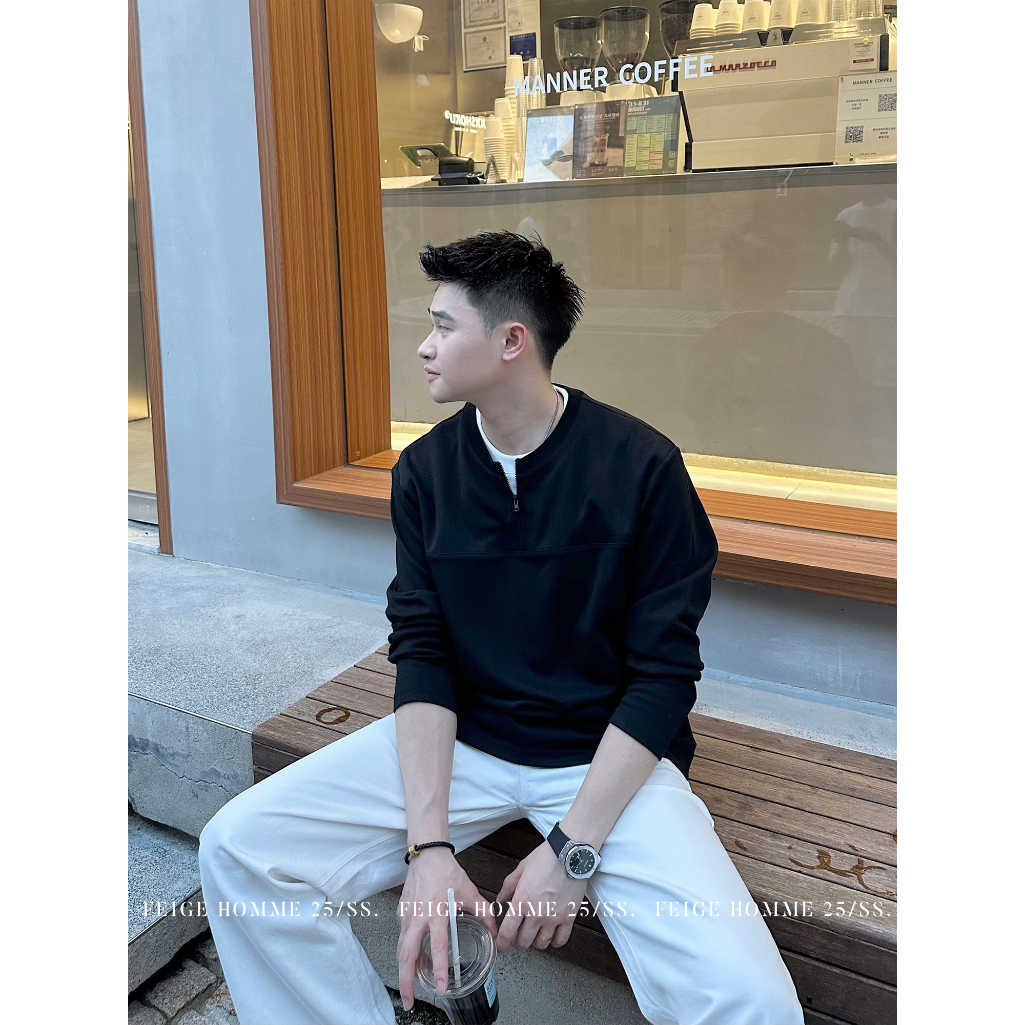 APENG秋 结构拉链假两件宽松休闲男士圆领套头长袖卫衣#790